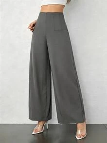 SHEIN PETITE CURVE 大尺碼優雅休閒高腰百褶寬鬆商務長褲 - 淺灰色 - 查看 5