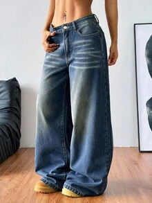 SHEIN PETITE CURVE 大尺碼女款口袋寬腿鬆垮休閒百搭牛仔褲 - 深色水洗藍 - 查看 7