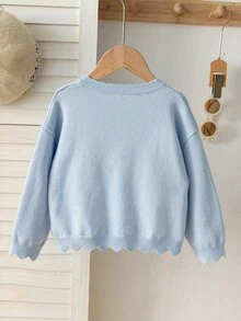 SHEIN 4-7歲女童淺粉色扭繩3D淺黃色蝴蝶結圓領針織開襟毛衣，波浪下擺單排扣長袖外套，幼兒園日常出遊拍照春秋冬外套 - 藍色 - 查看 2