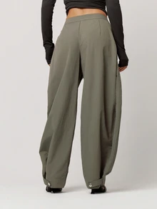 Musera Petite Grey Nylon Balloon Leg Button Hem Pleat Trouser Autumn Winter Back To School Daily Everyday - Dark Green - View 3
