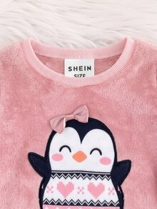 LMoss Kids 女嬰粉色3D蝴蝶結人造毛卡通企鵝刺繡貼布長袖上衣與鬆緊腰長褲2件套 - 彩色 - 查看 4
