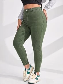 SHEIN ICON 大尺碼女款休閒日常牛仔褲，附口袋與鈕扣設計 - 軍綠色 - 查看 4
