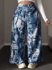 Maweii Plus Size Fashion Versatile Casual Digital Print Design Wide Leg Long Pants - Blue - View 4