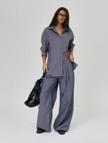 MUSERA Grey Woven Oversized Button Up Shirt Autumn Winter Fall Daily Everyday Essential Blancs - Grey - View 3