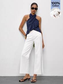 Maija Olive Green Halter Neck Criss-Cross Ruffle Backless Women's Top Urban Summer - Navy Blue - View 8