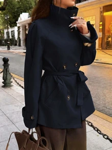 SHEIN x Luisa Sonza Elyressa 女款素色插肩袖長袖休閒通勤風衣外套 - 藍色 - 查看 3