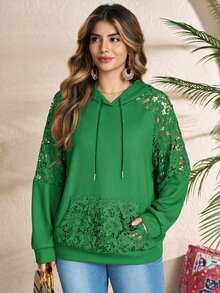 Rusticease Plus Size Sexy Embroidered Hollow Out Pocket Hooded Sweatshirt - Green - View 8