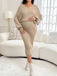 Lyckli Maternity Solid Color Round Neck Casual Daily Knit Dress - Apricot - View 6