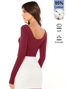 SHEIN BASICS 女款純色極簡長袖T恤，適合日常穿著 - 酒紅色 - 查看 2