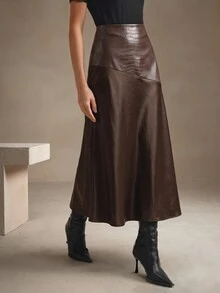 Modelyn Women's Elegant Textured Leather Asymmetric Patchwork Satin Draped Skirt - Coffee Brown - View 6