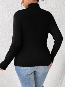 SHEIN Frenchy 大尺碼純黑色高領長袖T恤 - 黑色修身版型，柔軟面料，簡約優雅設計，雙層加厚，適合冬季職場與正式場合 - 黑色 - 查看 3