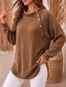 EMERY ROSE Plus Size Women's Solid Color Pullover Long Sleeve Button Textured Sweatshirt, Autumn/Winter Casual Long Sleeve Top - Brown - View 4