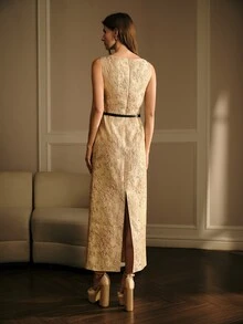 MOTF PREMIUM EXQUISITE JACQUARD LONG DRESS FOR WOMEN - Gold - View 4