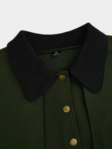 Sweetra Plus Size Women's Colorblock Pleated Fashion Versatile Overcoat - Army Green - View 7