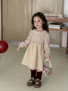 DAZY Baby Girl Round Neck Color Block Ruffle Cute Long Sleeve Dress - Beige - View 9