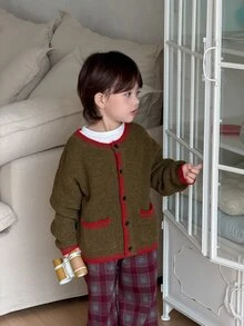 DAZY Infant (Boy) Colorblock Korean Style Autumn/Winter Long Sleeve Cardigan - Dark Green - View 6