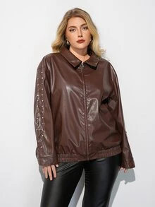 Maija جاكيت كاجوال نسائي بمقاس كبير من جلد PU بلون موحد مع سحاب أمامي - بني - مشاهدة 6