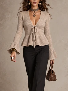 Selianne Women's V-Neck Ruffle Long Sleeve Knit Cardigan - Apricot - View 6