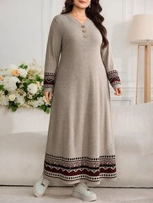 Al Najma Plus Size Women's Patchwork Geometric Print Long Sleeve Button Design Casual Arabian Dress - Light Grey - View 7