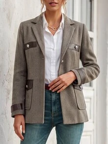 Faunlyn Blazer Tweed Motif Tulang Ikan dengan Trim Kulit Imitasi & Saku Berpenutup, Jaket Berkerah Berlekuk Satu Baris untuk Musim Dingin - Khaki - View 1