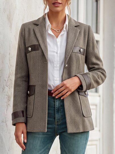 Faunlyn Herringbone Tweed Blazer With Faux Leather Trim & Flap Pockets, Single Breasted Notch Lapel Jacket For Winter