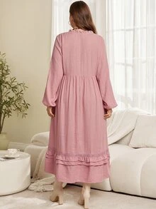 EMERY ROSE Plus Size Women's Solid Color Frill Trim Tassel Tie Neck Long Sleeve Dress - Dusty Pink - View 3