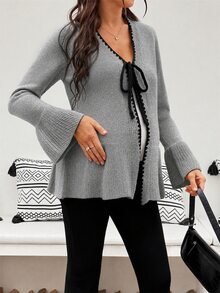 SHEIN 孕婦花苞飾邊前綁帶喇叭袖針織開襟衫 - 灰色 - 查看 9