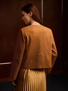 MOTF JAKET LENGAN PANJANG WANITA MODEL VINTAGE DENGAN SAKU BERHIAS PAYET DAN MANIK-MANIK - Coklat - View 3