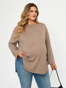 Plussiva Plus Size Solid Color Casual Versatile Daily Wear Top For Pregnant Women - Camel - View 5