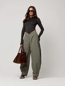 Musera Petite Grey Nylon Balloon Leg Button Hem Pleat Trouser Autumn Winter Back To School Daily Everyday - Dark Green - View 1