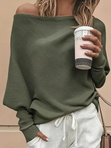 Breezaya 女款素色羅紋蝙蝠袖長袖休閒T恤 - 軍綠色 - 查看 1
