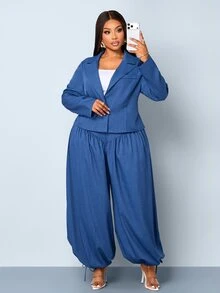 SOLERSUN Plus Size Elegant Button Long Sleeve Jacket And Loose Pleated Cuffed Pants Suit Set - Navy Blue - View 7