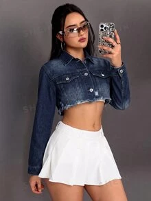 SHEIN ICON 女款毛邊下擺休閒牛仔短款水洗夾克 - 深色水洗藍 - 查看 5