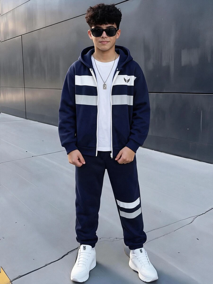 SHEIN 2件組兒童青少年男孩運動休閒日常舒適白色字母裝飾與白色條紋海軍藍寬鬆連帽衛衣與長褲套裝,適合外出、學校、日常運動,秋冬季 - 彩色 - 查看 1