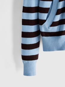 ROMWE Grunge Punk Women's Striped Long Sleeve Zipper Front Drawstring Hooded Knit Cardigan - Blue - View 4