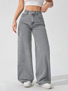 SHEIN ICON 大尺碼女款休閒日常水洗牛仔直筒長褲 - 淺灰色 - 查看 3