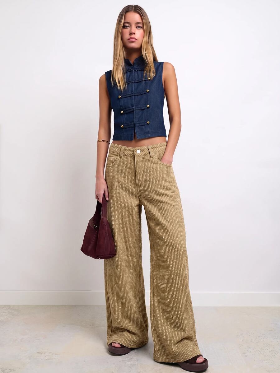 Nöista Purple-Brown 3D Woven Wide-Leg Pants,Casual,Comfortable,Practical,Spring And Autumn Casual Wear,Vacations,Versatile Piece - Brown - View 1