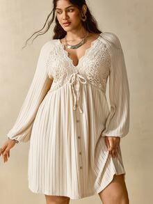 Nubod Plus Size Women V-Neck Pleated Casual Daily Summer Dress - Apricot - View 4