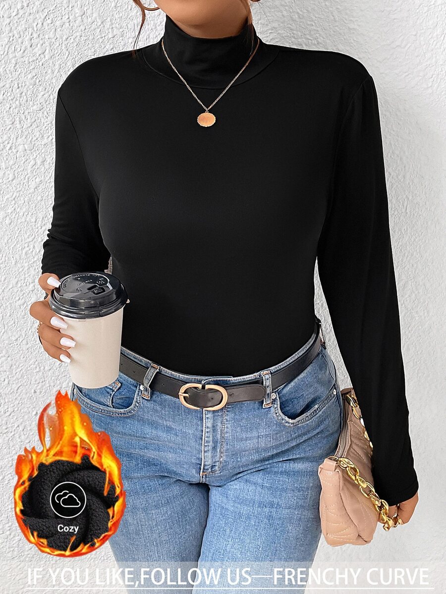 SHEIN Frenchy 大尺碼純黑色高領長袖T恤 - 黑色修身版型，柔軟面料，簡約優雅設計，雙層加厚，適合冬季職場與正式場合