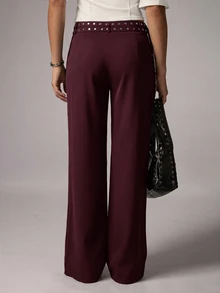 Avenya Low Waist Rivet & Ribbon Decor Wide Leg Pants, Slimming Drape, Casual Daily Commute - Burgundy - View 2