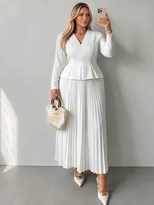 Auralis Plus Size Elegant V-Neck Long Sleeve Blouse And Pleated Midi Skirt 2 Pieces Set - Apricot - View 4