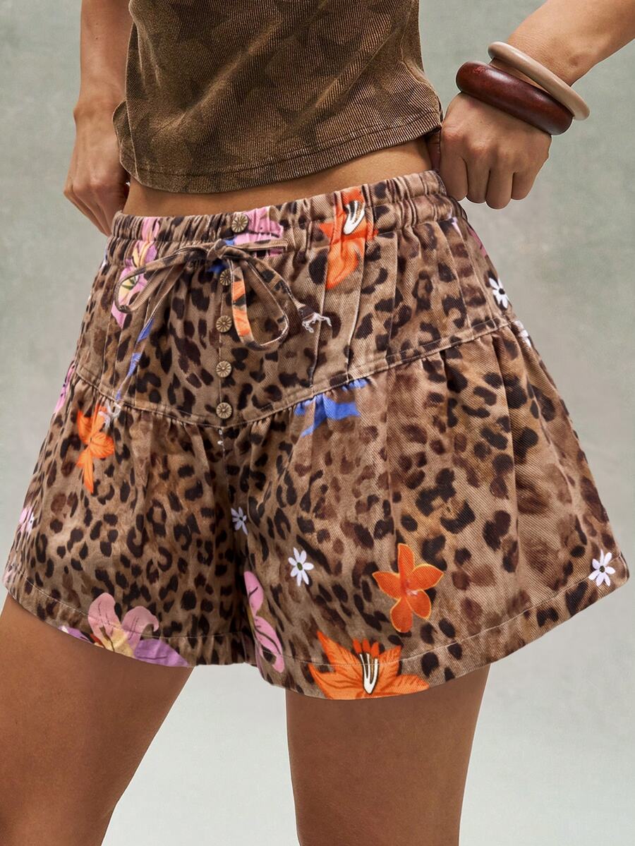 Bohemela Women's Street Fashion Leopard Print Drawstring Waist Button Shorts - Multicolor - View 1