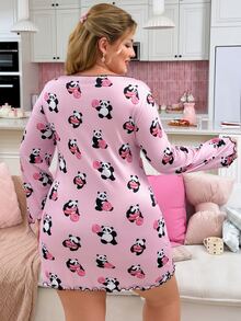 Slumberry CURVE Cute Panda Donut Print Colorblock Trim Bow Pink Knit Plus Size Nightgown - Pink - View 2