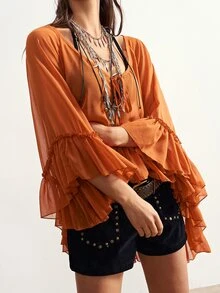 Bohemela Plus Size Women Solid Color V-Neck Front Tie Flared Sleeve Ruffle Hem Loose Fashion Blouse - Orange - View 3