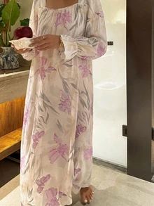 DAZY 度假風花卉印花全印輕量長款細肩帶睡裙 女款 - 白色 - 查看 3