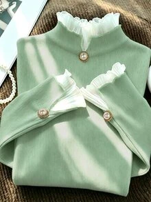 RosyDaze Autumn/Winter Sweet & Gentle Style Pink Ribbed Knit Base Layer Top, Chiffon Frill Trim Semi-High Neck Pearl Button Fitted Flare Long Sleeve T-Shirt, Versatile Inner Layer Top For Commute And Date - Green - View 6