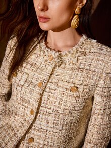 MOTF PREMIUM FRENCH VINTAGE ELEGANT BEIGE BROWN SHINY TWEED SHORT JACKET, ROUND NECK GOLD BUTTONS TASSEL FRINGE LADY STYLE -INSPIRED TOP, AUTUMN/WINTER OFFICE - Champagne - View 2