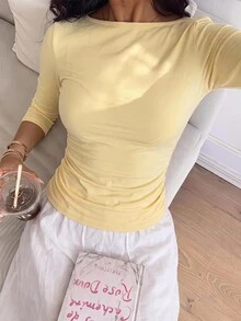 SHEIN EZwear 女款休閒性感奶油黃修身七分袖T恤，棉混紡面料，秋季風格，日常街頭穿搭，通勤、外出、約會、派對，奶油黃，秋季上衣，適合日常通勤、派對、秋冬春夏、聖誕節、新年、感恩節、婚禮、海灘、畢業典禮等場合，優雅百搭 - 淡黃色 - 查看 5