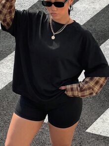 Muchica Plus Size Street Fashion Plaid Patchwork Long Sleeve Shirt - Black - View 3