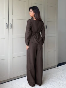 Veilorie Women's Solid Color Metal Decor Long Sleeve Top And Pants Arabic Clothing Set - Coffee Brown - View 2